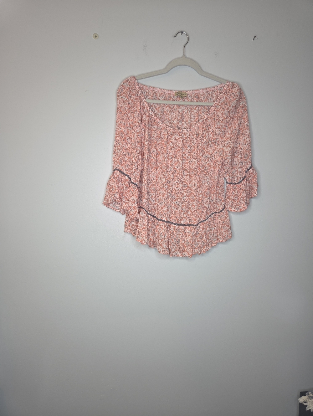 Democracy Coral Pink Floral Ruffle Peasant Top, Size M